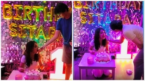 Mahesh Babu and Namrata feed cake to Sitara. Mahesh Babu and Namrata feed cake to Sitara.