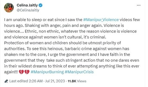 Celina Jaitly tweeted about Manipur crisis. Celina Jaitly tweeted about Manipur crisis.