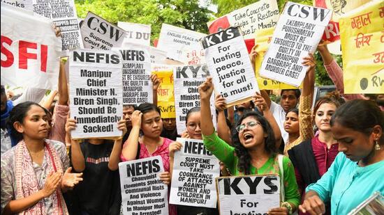 Students from various organisations stage a protest against the ongoing Manipur violence, at Jantar Mantar, in New Delhi on Friday. (ANI)