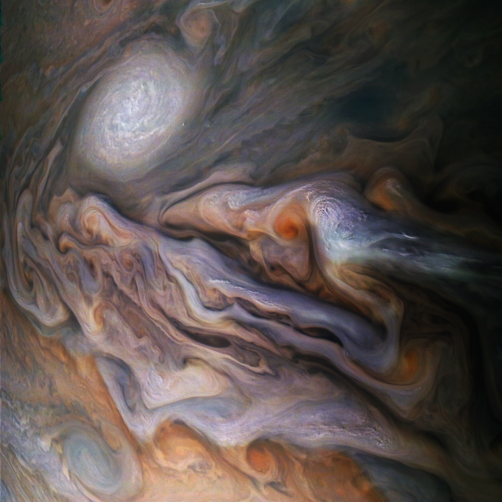 This close-up of a swirling vortex on Jupiter was captured by Juno in 2018, from just 7,000 km from the gas giant’s cloud tops, on its 16th close fly-by. (NASA / JPL-Caltech / SwRI / MSSS / Gerald Eichstädt / Sean Doran)
