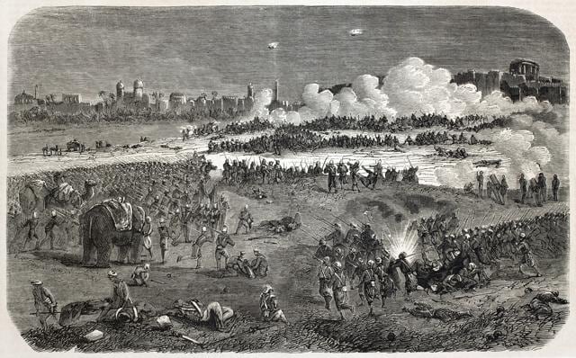 Illustration of the battle between the British army and rebels near the walls of Delhi during the first war of independence. Created by Dulong, published on L’Illustration Journal Universel, Paris, 1857 (Shutterstock) Illustration of the battle between the British army and rebels near the walls of Delhi during the first war of independence. Created by Dulong, published on L’Illustration Journal Universel, Paris, 1857 (Shutterstock)
