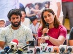 Wrestlers Bajrang Punia, Vinesh Phogat, and Sakshi Malik during their protest at Jantar Mantar, in New Delhi,