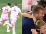 David Beckham celebrates Lionel Messi's winner.