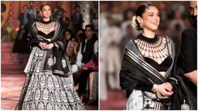Aditi Rao Hydari owns the ramp in a stunning monochrome lehenga (Instagram/@eltonjfernandez) Aditi Rao Hydari owns the ramp in a stunning monochrome lehenga (Instagram/@eltonjfernandez)