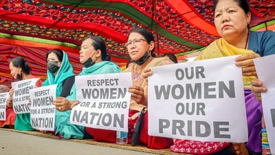 Women take part in a demonstration against ongoing violence in Manipur, in Imphal, on Friday. (ANI Photo)
