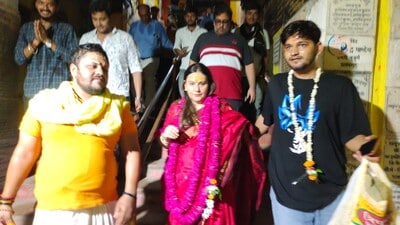 Actor Deepika Chikhalia coming out of Hanuman Garhi temple in Ayodhya. (Ravinder Singh)