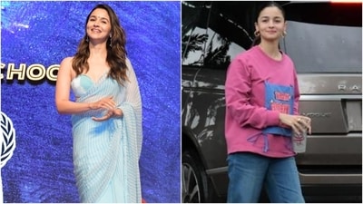 Alia Bhatt's style choices amid the ongoing Rocky Aur Rani Kii Prem Kahaani promotions has won her thumbs up from fan and netizens. The star's current promotional wardrobe is all about stunning chiffon sarees. However, she dialled it down today for the airport and slipped into a comfy chic sweatshirt and flared denim look. The star went from embracing her inner Desi Girl to adopting the relaxed babe vibes. Check out her pictures in both the ensembles below. (HT Photo/Varinder Chawla) Alia Bhatt's style choices amid the ongoing Rocky Aur Rani Kii Prem Kahaani promotions has won her thumbs up from fan and netizens. The star's current promotional wardrobe is all about stunning chiffon sarees. However, she dialled it down today for the airport and slipped into a comfy chic sweatshirt and flared denim look. The star went from embracing her inner Desi Girl to adopting the relaxed babe vibes. Check out her pictures in both the ensembles below. (HT Photo/Varinder Chawla)