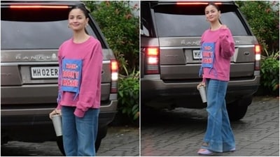 Alia accessorised the outfit with lavender slip-ons and gold hoop earrings. Lastly, she chose a sleek ponytail, rose pink lip shade, darkened brows, a hint of mascara on the lashes, rouged cheeks, and a dewy base for the glam picks. (HT Photo/Varinder Chawla) Alia accessorised the outfit with lavender slip-ons and gold hoop earrings. Lastly, she chose a sleek ponytail, rose pink lip shade, darkened brows, a hint of mascara on the lashes, rouged cheeks, and a dewy base for the glam picks. (HT Photo/Varinder Chawla)