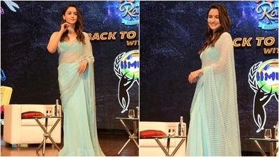 Alia accessorised the saree with dainty oxidised silver earrings and silver high heels. In the end, Alia chose side-parted open wavy locks, a black dainty bindi, mascara on the lashes, kohl-lined eyes, feathered brows, blush pink lip shade, glowing skin, rouged cheekbones, and beaming highlighter for the glam picks. (HT Photo/Varinder Chawla) Alia accessorised the saree with dainty oxidised silver earrings and silver high heels. In the end, Alia chose side-parted open wavy locks, a black dainty bindi, mascara on the lashes, kohl-lined eyes, feathered brows, blush pink lip shade, glowing skin, rouged cheekbones, and beaming highlighter for the glam picks. (HT Photo/Varinder Chawla)