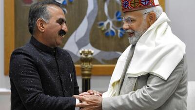 Chief minister Sukhvinder Singh Sukhu with Prime Minister Narendra Modi in New Delhi. The chief minister urged the Centre that funds be released at the earliest as Himachal Pradesh is seeing devastation caused by incessant rains this monsoon. (HT file photo)