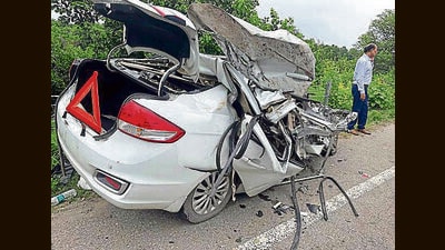Mangled car of victim Gurinder Singh near Samrala after a head on collision with truck in Ludhiana. (HT PHOTO) Mangled car of victim Gurinder Singh near Samrala after a head on collision with truck in Ludhiana. (HT PHOTO)