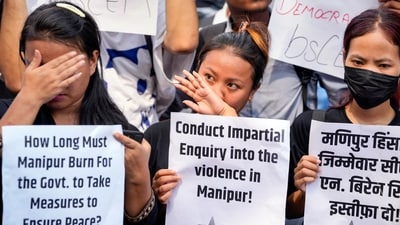 Members of various organisations stage a protest against the ongoing ethnic violence in Manipur in New Delhi on Friday. (PTI) Members of various organisations stage a protest against the ongoing ethnic violence in Manipur in New Delhi on Friday. (PTI)