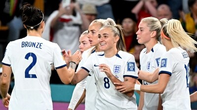 FIFA Women’s World Cup: England's Georgia Stanway celebrates scoring their first goal with teammates (REUTERS)