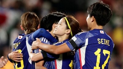 Japan's Riko Ueki celebrates scoring their fifth goal with teammates (REUTERS)
