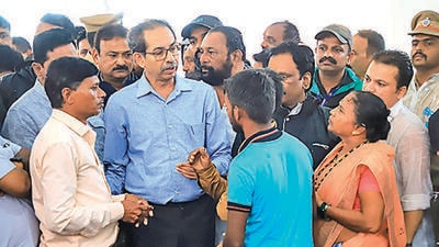 Shiv Sena (UBT) chief Uddhav Thackeray met the relatives of Irshalwadi landslide victims in Raigad on Saturday. (PTI)