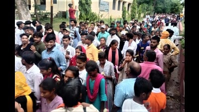 Students after taking the compartment/improvement exams in Prayagraj on Saturday. (HT photo)
