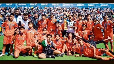 The winning Minerva Academy FC side members celebrating with the Gothia Cup trophy after winning Saturday’s final in Sweden. (HT Photo) The winning Minerva Academy FC side members celebrating with the Gothia Cup trophy after winning Saturday’s final in Sweden. (HT Photo)