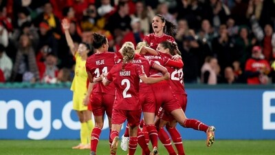 Denmark players celebrate after Amalie Vangsgaard scored a goal during the Women's World Cup Group D (AP) Denmark players celebrate after Amalie Vangsgaard scored a goal during the Women's World Cup Group D (AP)
