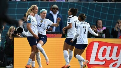 Lindsey Horan, left, celebrates with her teammates from left Megan Rapinoe, Sophia Smith, and Alyssa Thompson after scoring her side's 3rd goal during the Women's World Cup Group E soccer match (AP) Lindsey Horan, left, celebrates with her teammates from left Megan Rapinoe, Sophia Smith, and Alyssa Thompson after scoring her side's 3rd goal during the Women's World Cup Group E soccer match (AP)