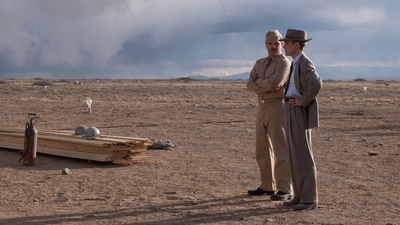 Matt Damon as Gen. Leslie Groves, left, and Cillian Murphy as J. Robert Oppenheimer in a scene from "Oppenheimer." (Universal Pictures via AP) Matt Damon as Gen. Leslie Groves, left, and Cillian Murphy as J. Robert Oppenheimer in a scene from "Oppenheimer." (Universal Pictures via AP)