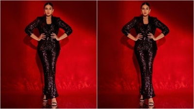 A day back, Huma donned a stunning pantsuit that showcased a double collar, V-neckline, full sleeves, and intricate sequin work embellished all over the outfit.&nbsp; (Instagram/@iamhumaq)