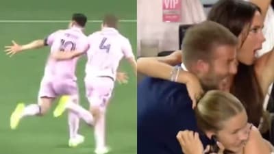 David Beckham celebrates Lionel Messi's winner. David Beckham celebrates Lionel Messi's winner.