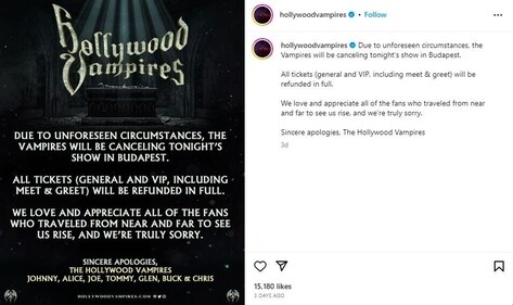 Hollywood Vampires shared a post on Instagram on July 18 confirming the same.