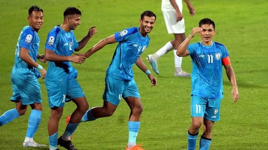 Indian captain Sunil Chhetri celebrates a goal in the ongoing SAFF Championship. (PTI)