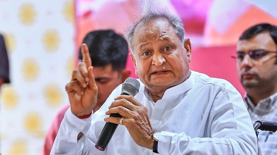 Jaipur: Rajasthan Chief Minister Ashok Gehlot addresses a press conference at his residence, in Jaipur. (PTI)