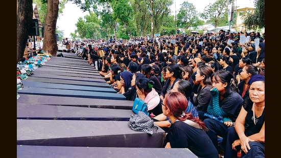 Women during a protest in Churachandpur on Saturday. (PTI)