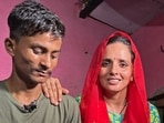 Sachin Meena (L) and Seema Haider during an interview in Rabupura village in Greater Noida. 