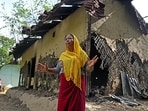 The mother of an accused in the viral sexual assault video case in front of her partially charred house in Pechi Awang Leikai village of the Thoubal district of Manipur. The mother of an accused in the viral sexual assault video case in front of her partially charred house in Pechi Awang Leikai village of the Thoubal district of Manipur.