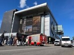 Emergency services vehicles are parked outside the shopping mall Vremena Goda (The Seasons) following the burst of a pipe in Moscow.