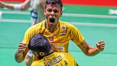 India's Satwiksairaj Rankireddy and Chirag Shetty celebrate after defeating Indonesian top seeds Fajar Alfian and Muhammad Rian Ardianto in the men's doubles Korea Open final (BAI Media twitter) India's Satwiksairaj Rankireddy and Chirag Shetty celebrate after defeating Indonesian top seeds Fajar Alfian and Muhammad Rian Ardianto in the men's doubles Korea Open final (BAI Media twitter)