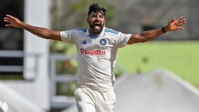 India's Mohammed Siraj celebrates a wicket on Day 4 of the 2nd Test match against West Indies, at Queen's Park Oval (BCCI Twitter) India's Mohammed Siraj celebrates a wicket on Day 4 of the 2nd Test match against West Indies, at Queen's Park Oval (BCCI Twitter)