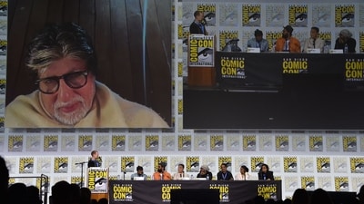 Amitabh Bachchan, via video call, speaks on Kalki 2898 AD during Comic-Con in San Diego. (AFP) Amitabh Bachchan, via video call, speaks on Kalki 2898 AD during Comic-Con in San Diego. (AFP)