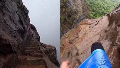 The image shows tourists trekking the steep and slippery steps of Kalavantin Durg. (Twitter/@anandmahindra) The image shows tourists trekking the steep and slippery steps of Kalavantin Durg. (Twitter/@anandmahindra)