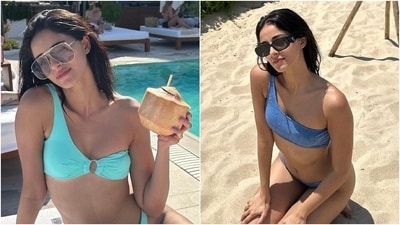 Ananya Panday chills in two stylish bikinis while enjoying a sunny day in Ibiza. (Instagram) Ananya Panday chills in two stylish bikinis while enjoying a sunny day in Ibiza. (Instagram)