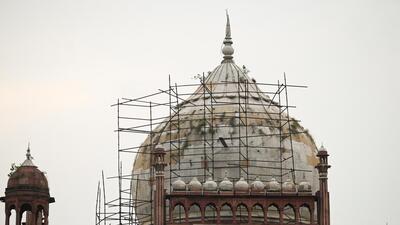 Currently, scaffolding has been installed around the dome, and gaps are being filled in sections. In addition to the repairs, the marble is being spruced up and cleaned. (Vipin Kumar/HT Photo) Currently, scaffolding has been installed around the dome, and gaps are being filled in sections. In addition to the repairs, the marble is being spruced up and cleaned. (Vipin Kumar/HT Photo)