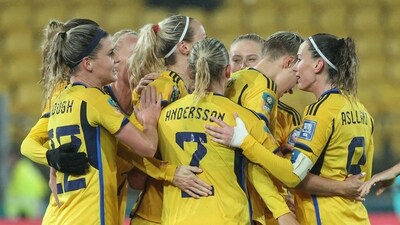 Sweden's players celebrates after Sweden's defender #13 Amanda Ilestedt (unseen) scored her team's second goal with teammates during the Australia and New Zealand 2023 Women's World Cup (AFP) Sweden's players celebrates after Sweden's defender #13 Amanda Ilestedt (unseen) scored her team's second goal with teammates during the Australia and New Zealand 2023 Women's World Cup (AFP)