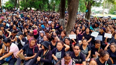 Protest in Manipur's Churachandpur on Saturday. (PTI) Protest in Manipur's Churachandpur on Saturday. (PTI)