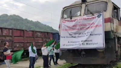 The Northeast Frontier (NF) Railway, in co-operation with Manipur’s transport department, on Sunday released the first goods trains (Twitter/video screengrab) The Northeast Frontier (NF) Railway, in co-operation with Manipur’s transport department, on Sunday released the first goods trains (Twitter/video screengrab)