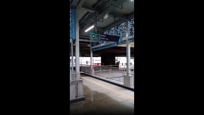 The roof leakage is near the staircase and elevators of the station. (HT PHOTO) The roof leakage is near the staircase and elevators of the station. (HT PHOTO)