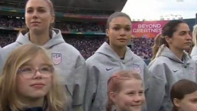 Some players of the US women football team are under fire after they were recorded ignoring the national anthem (Twitter) Some players of the US women football team are under fire after they were recorded ignoring the national anthem (Twitter)