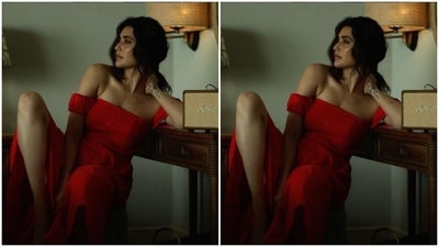 Karishma's summer dress featured a square neckline, off-shoulder details and a thigh high slit. (Instagram/@karishmaktanna) Karishma's summer dress featured a square neckline, off-shoulder details and a thigh high slit. (Instagram/@karishmaktanna)