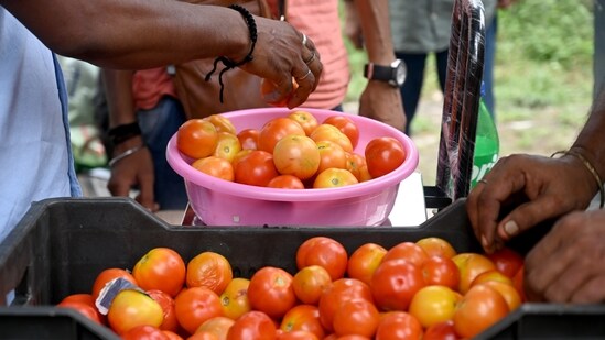 People buying tomatoes from the straw imposed by the government for 80 per kg tomatoes in sector 4, in Noida, India, on Tuesday. (Photo by Sunil Ghosh / Hindustan Times)