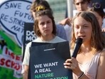 Swedish climate activist Greta Thunberg speaks during a demonstration outside the European Parliament. (AP)