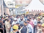 An ASI team arrives at the Gyanvapi Mosque complex to conduct a ‘scientific survey’, in Varanasi on Monday. (PTI)