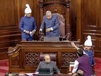 AAP MP Sanjay Singh protests in the well of the Rajya Sabha as Chairman Jagdeep Dhankhar conducts proceedings in the House. 