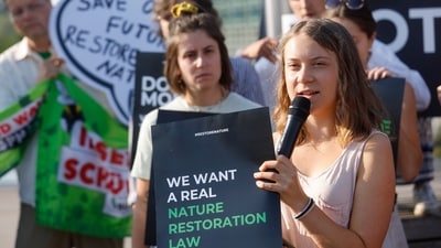 Swedish climate activist Greta Thunberg speaks during a demonstration outside the European Parliament. (AP) Swedish climate activist Greta Thunberg speaks during a demonstration outside the European Parliament. (AP)
